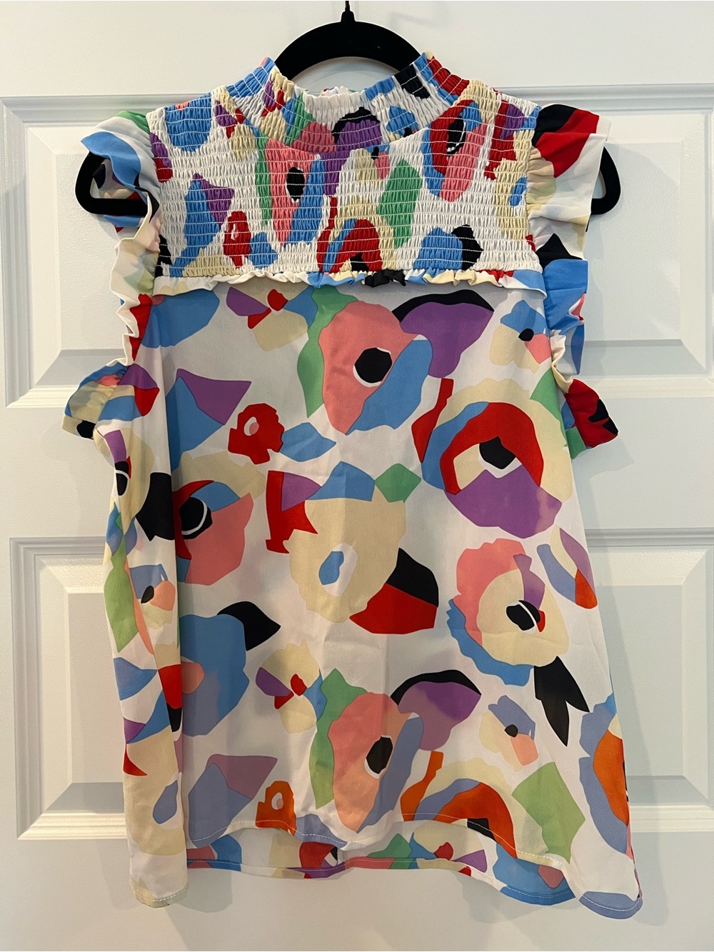 THML Abstract Floral Smocked Yoke Ruffle Sleeve Blouse Top Medium Colorful Boho - Picture 7 of 11